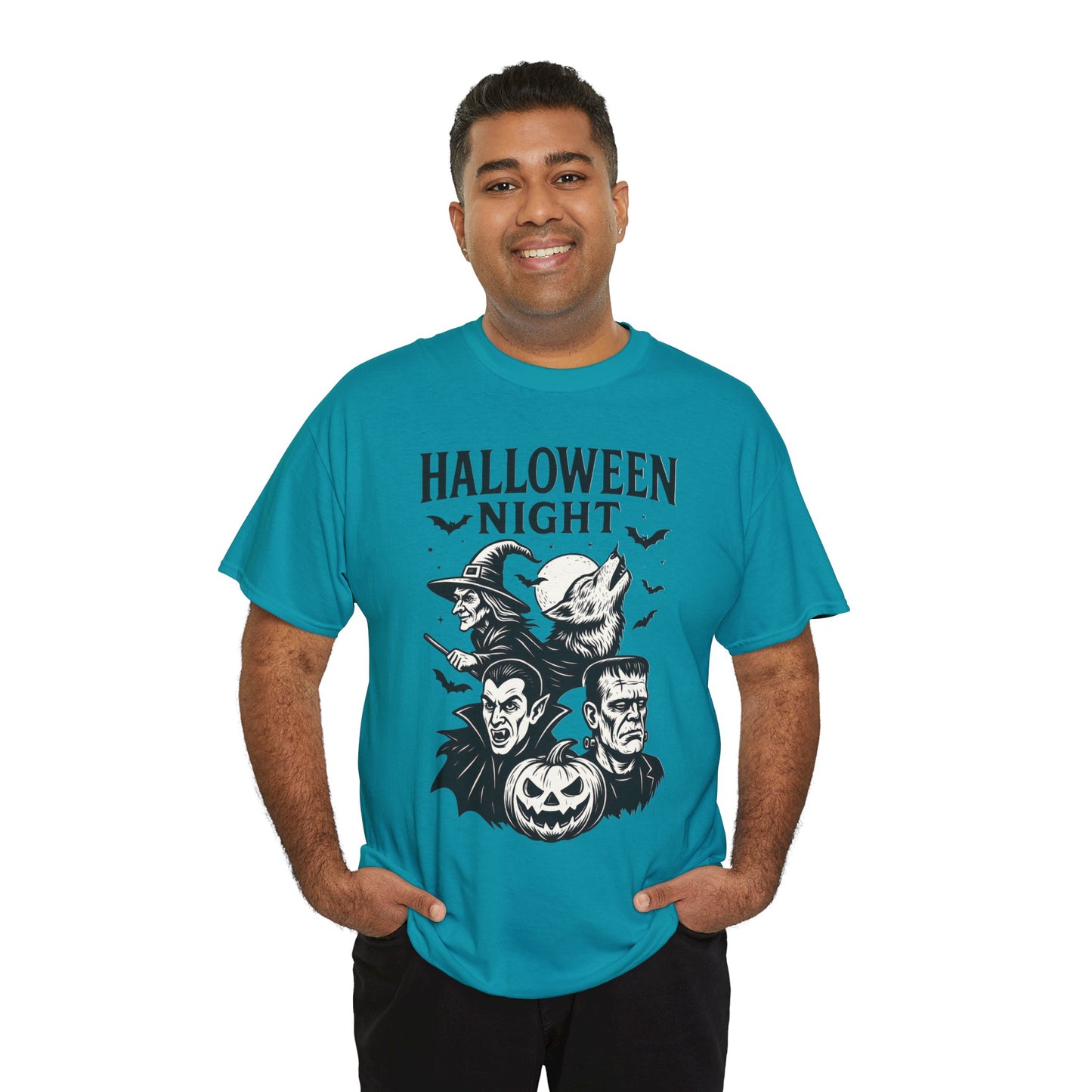 Halloween Night Men's T-Shirt, Classic Monsters Graphic Tee, Witch, Vampire, Frankenstein, Werewolf