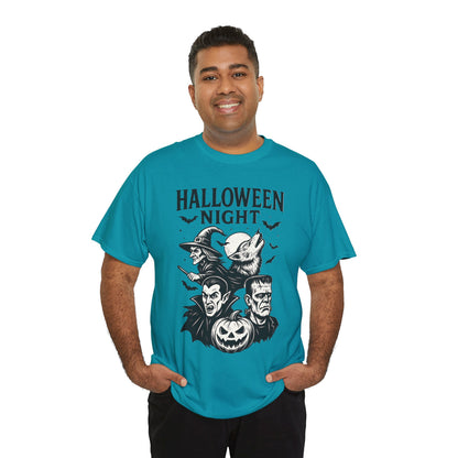 Halloween Night Men's T-Shirt, Classic Monsters Graphic Tee, Witch, Vampire, Frankenstein, Werewolf