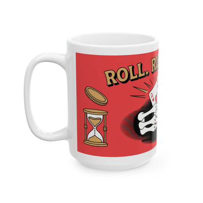Roll Risk Repeat Poker Mug, Bold Tattoo Style Coffee Cup with Joker Card, Gambling Gift, Gothic Drinkware, Poker Lovers Mug