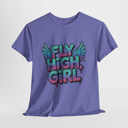 Womens Graphic Tee Fly High Girl, Angel Wings Graffiti Drip T-Shirt, Bold Streetwear Top