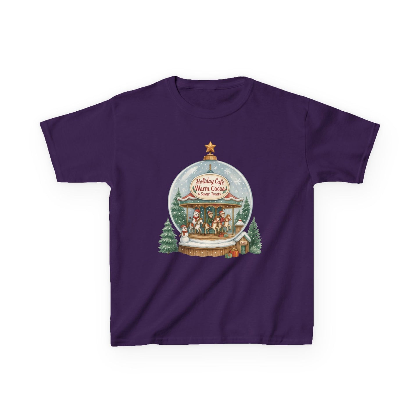 Youth Holiday Café Christmas T-Shirt, Warm Cocoa Carousel Kids Tee