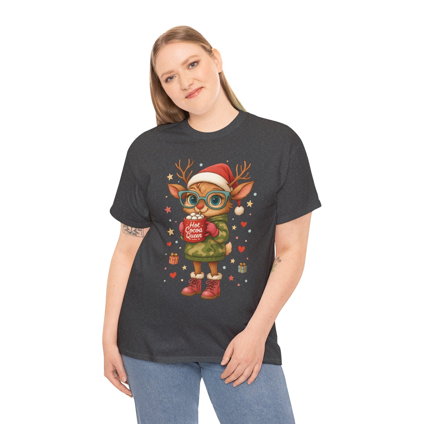 Hot Cocoa Queen Christmas T-Shirt, Cute Holiday Reindeer Tee for Women
