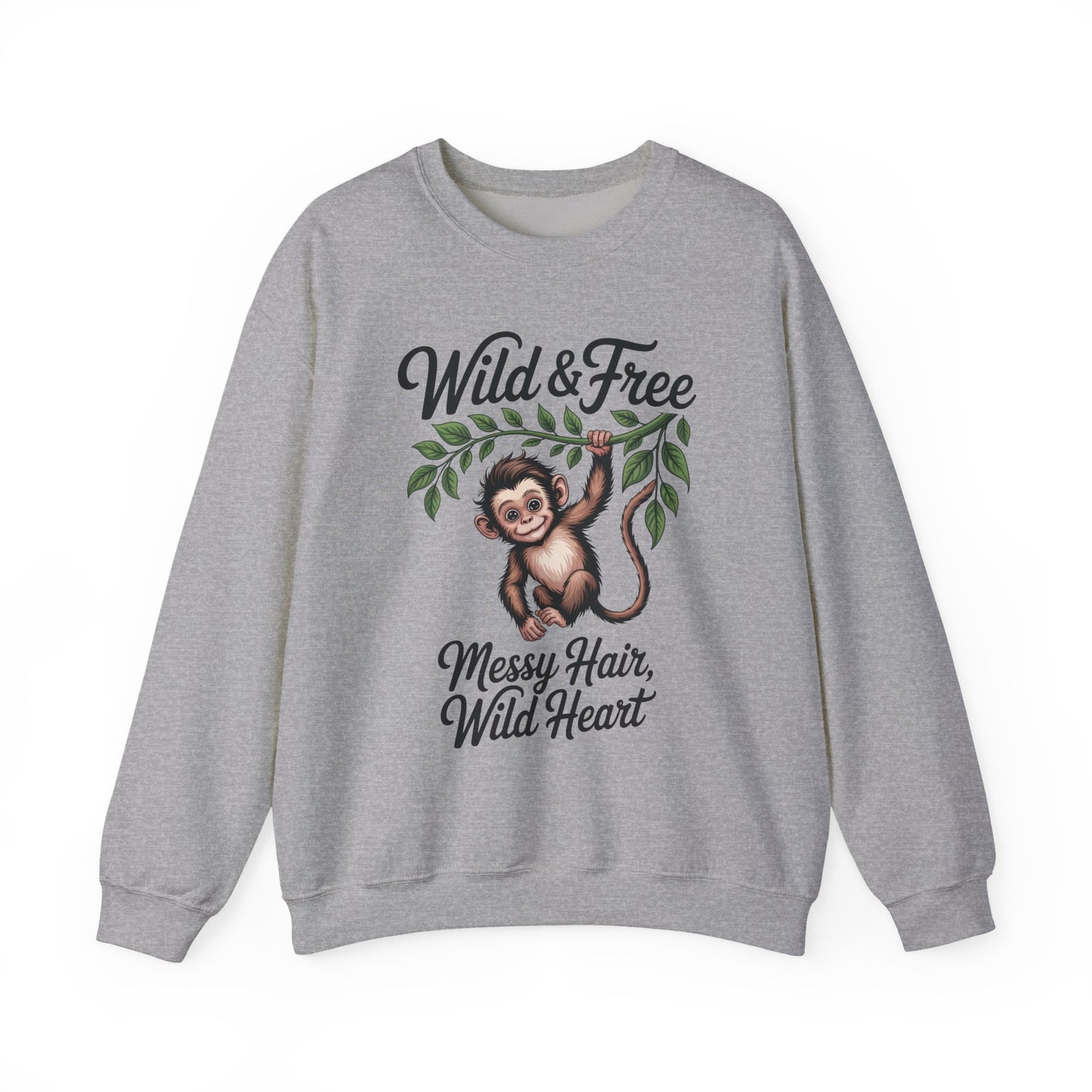 Wild & Free Monkey Sweatshirt, Messy Hair Wild Heart Womens Pullover, Cute Jungle Animal Sweater, Boho Adventure Graphic, Nature Lover Gift