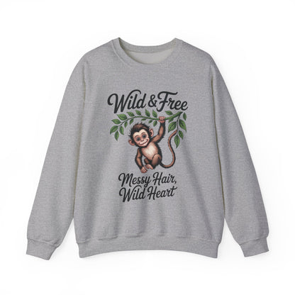 Wild & Free Monkey Sweatshirt, Messy Hair Wild Heart Womens Pullover, Cute Jungle Animal Sweater, Boho Adventure Graphic, Nature Lover Gift
