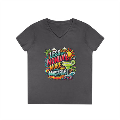 Less Monday More Margaritas Ladies' V-Neck T-Shirt, Funny Summer Cocktail Shirt, Tropical Vacation Tee for Women, Party Tee, Weekend Vibes