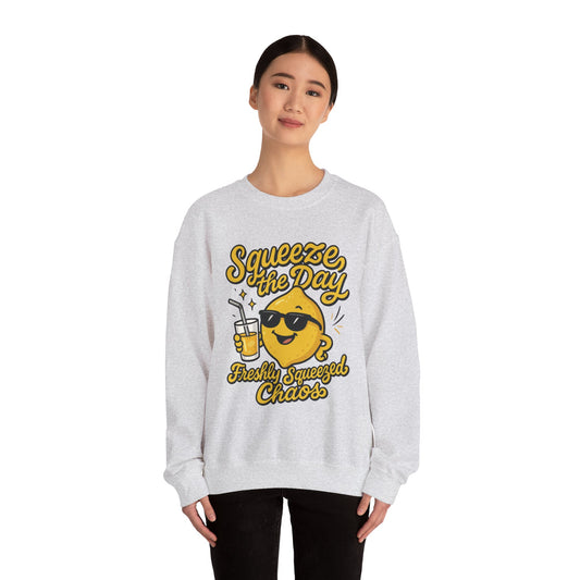 Funny Lemon Womens Sweatshirt - Squeeze The Day Freshly Squeezed Chaos Cozy Pullover - Citrus Positive Crewneck Sweatshirt, Cheerful Fashion