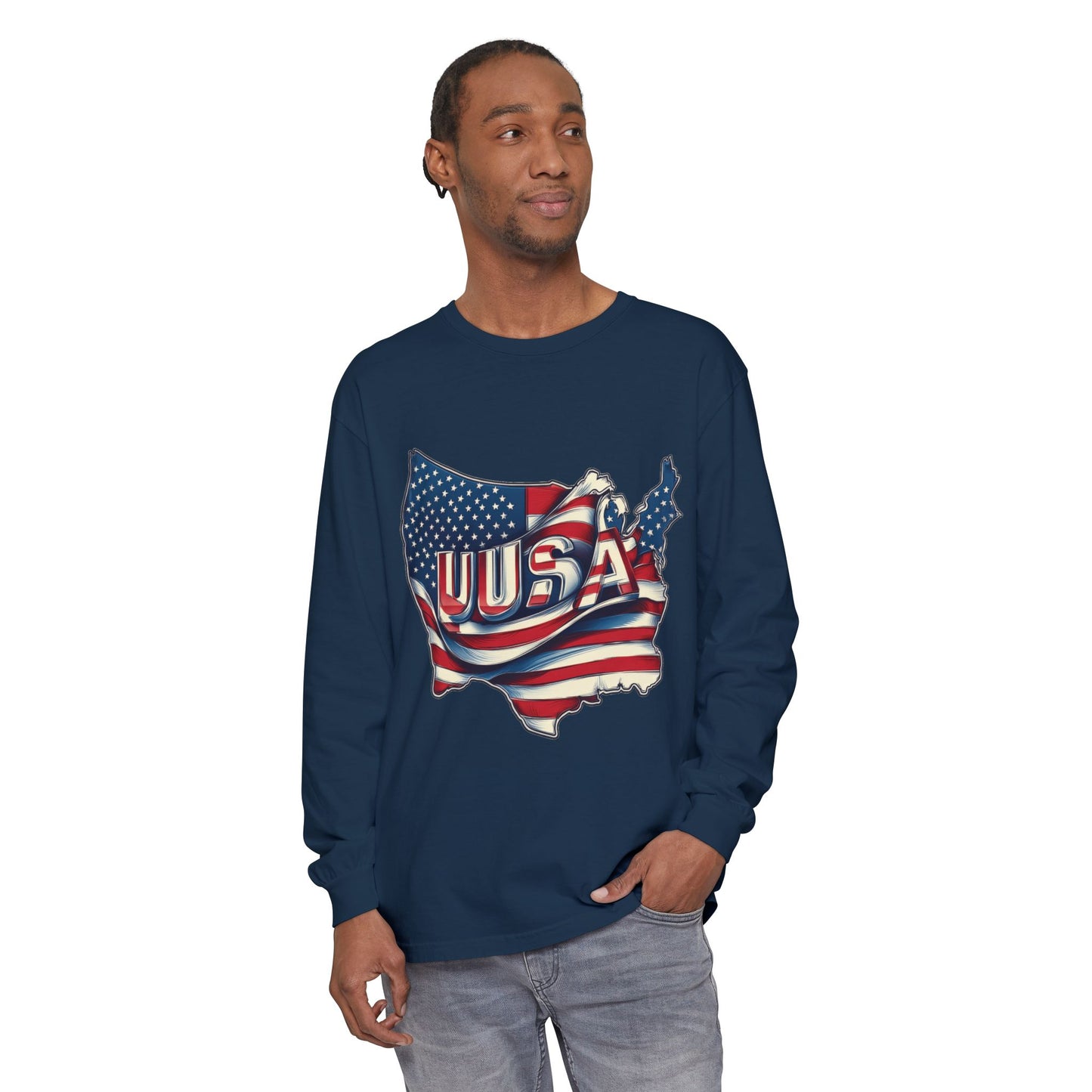 USA Flag Long Sleeve Tee, Unisex Garment-Dyed Shirt, Patriotic Top, All-American Apparel, Independence Day Style, Comfortable Casual Wear