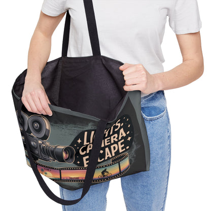 Lights Camera Escape Weekender Tote Bag, Travel Carry-All, Summer Beach Bag, Movie Lover Gift, Weekend Getaway Accessories