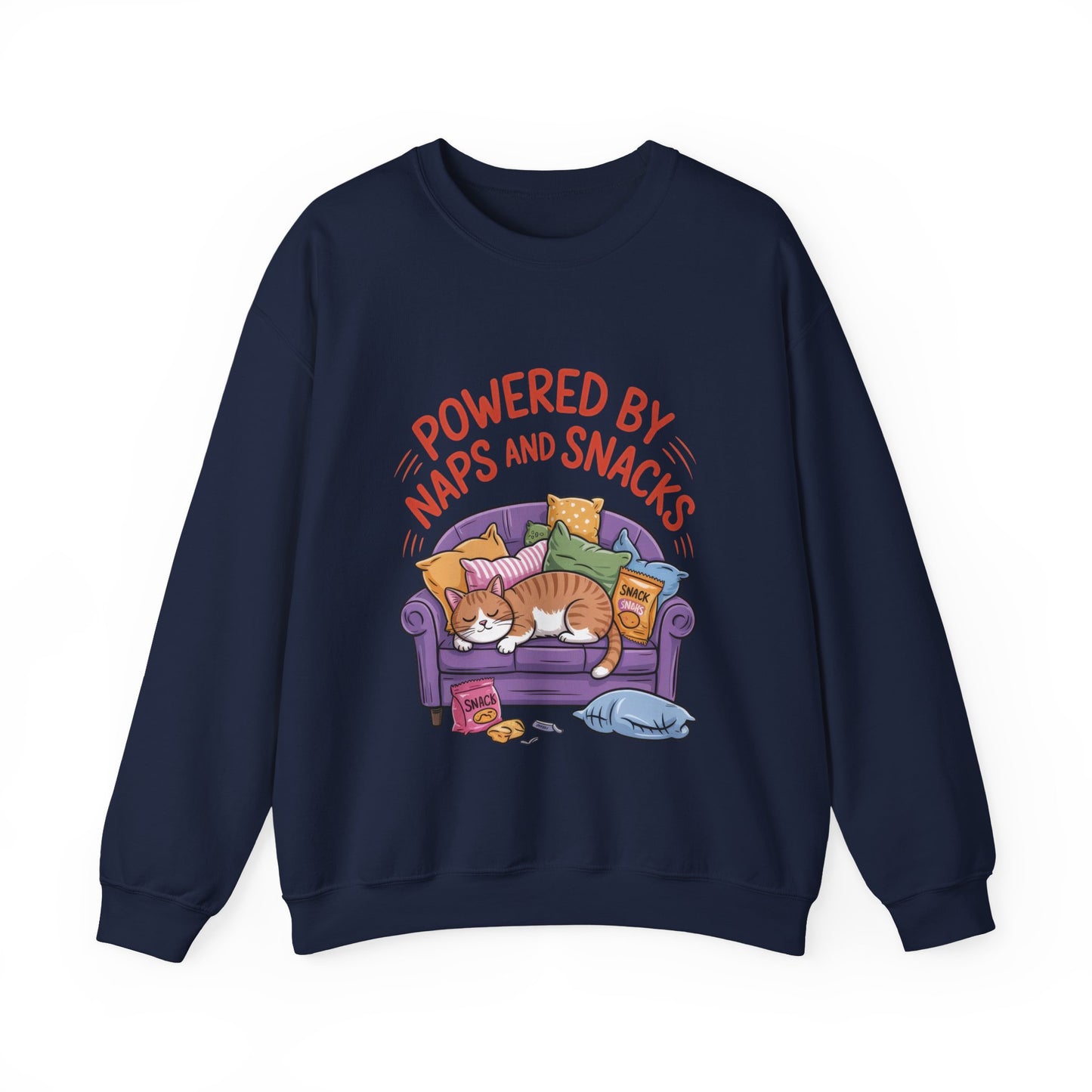 Powered by Naps and Snacks Sweatshirt, Cozy Lounge Crewneck, Gifts for Cat Lovers, Funny Cat Sweatshirt, Casual Everyday Wear