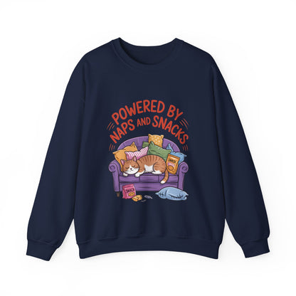 Powered by Naps and Snacks Sweatshirt, Cozy Lounge Crewneck, Gifts for Cat Lovers, Funny Cat Sweatshirt, Casual Everyday Wear