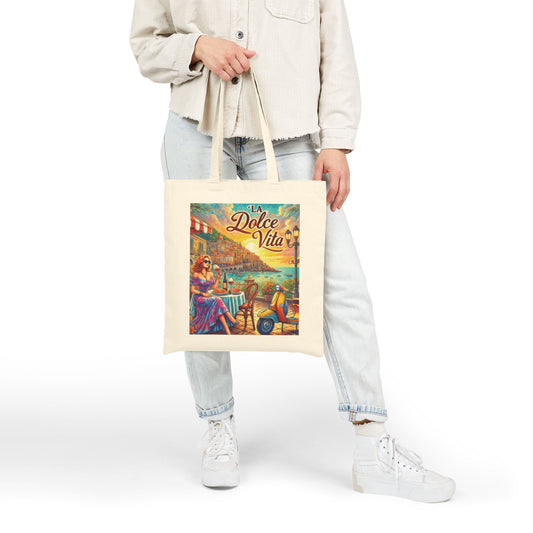 La Dolce Vita Canvas Tote Bag, Summer Beach Bag, Eco-Friendly Shopper, Gift for Her, Vintage Art Tote