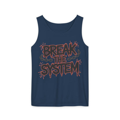 Men's Garment-Dyed Tank Top, Break the System Tank Top, Graphic Protest Muscle Tee, Streetwear Activist Summer Top