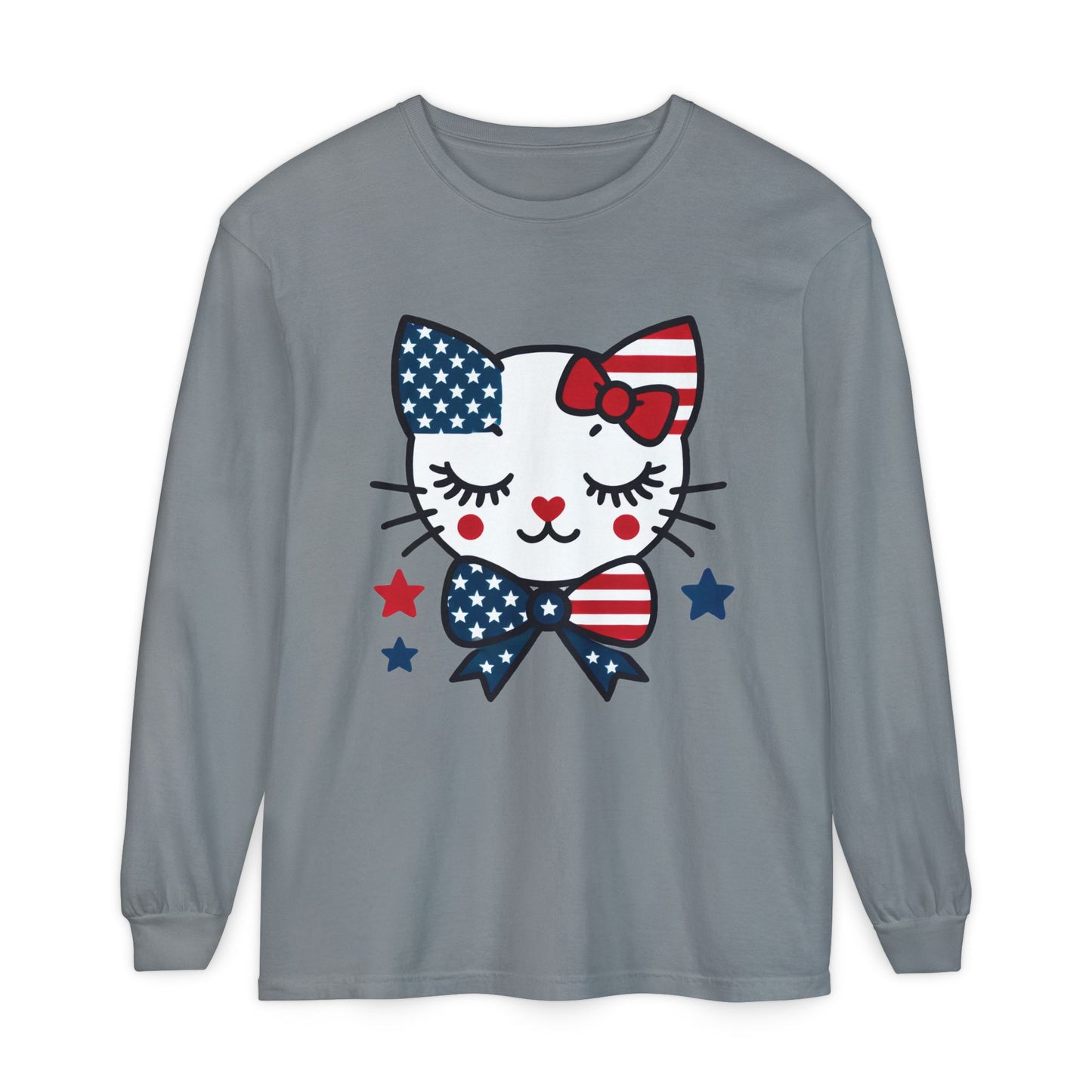 Patriotic Cat Long Sleeve T-Shirt, Women's Tee, Perfect for Fourth of July, Animal Lover Gift, Cozy Casual Wear, Holiday Apparel