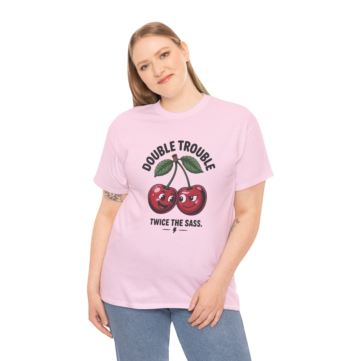 Double Trouble Cherry Graphic Tee, Funny Cute Womens T-Shirt, Twice the Sass Quote Shirt, Sassy Cherry Cartoon Gift