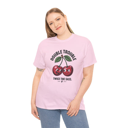 Double Trouble Cherry Graphic Tee, Funny Cute Womens T-Shirt, Twice the Sass Quote Shirt, Sassy Cherry Cartoon Gift