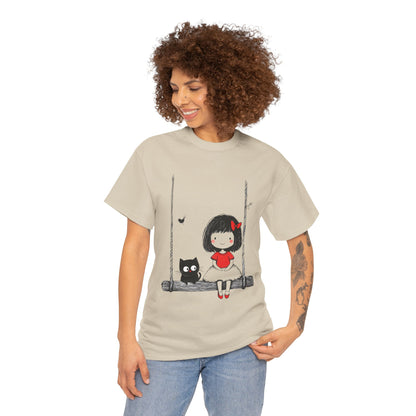 Cute Cat & Girl Graphic Tee, Playful Gift for Cat Lovers, Cat and Girl Design, Gift for Cat Owners, Women's Cotton T-Shirt