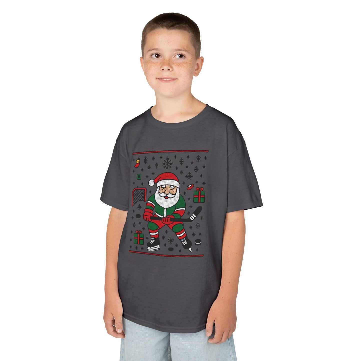 Hockey Santa Youth Christmas T-Shirt, Funny Holiday Sports Tee for Boys