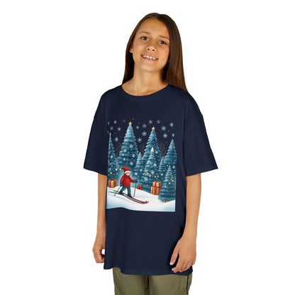 Kids Christmas Skiing T-Shirt, Cute Winter Holiday Graphic Tee, Kids Heavy Cotton™ Tee