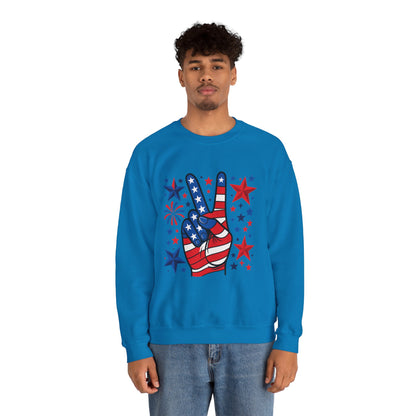 Patriotic Peace Crewneck Sweatshirt - Unisex Heavy Blend, 4th of July Clothing, Peace Sign Design, Casual Wear, Gift for Him/Her