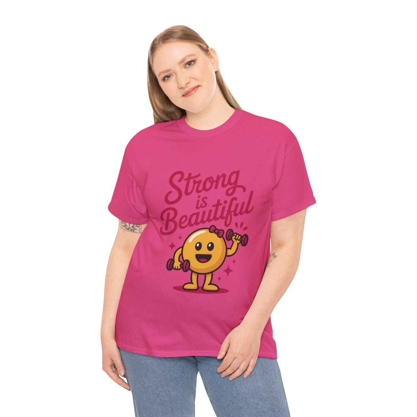 Strong is Beautiful Womens T-Shirt, Cute Fitness Character Graphic Tee, Inspirational Workout Shirt, Gym Motivation Gift for Her