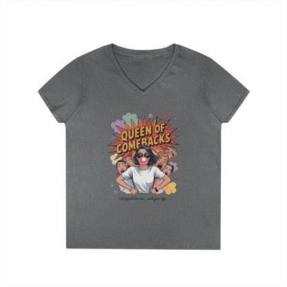 Queen of Comebacks V-Neck T-Shirt, Funny Graphic Tee, Gift for Friends, Humor Apparel, Casual Wear, Comedic Shirt
