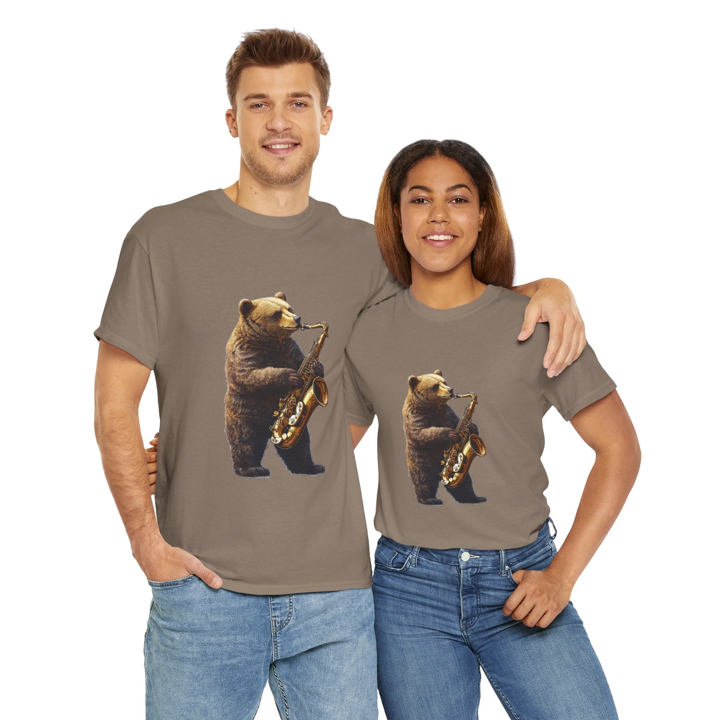 Saxophone Bear Unisex Heavy Cotton Tee, Music Lover Shirt, Gift for Musicians, Cute Animal Tee, Fun Jazz T-Shirt