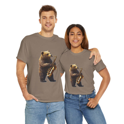 Saxophone Bear Unisex Heavy Cotton Tee, Music Lover Shirt, Gift for Musicians, Cute Animal Tee, Fun Jazz T-Shirt