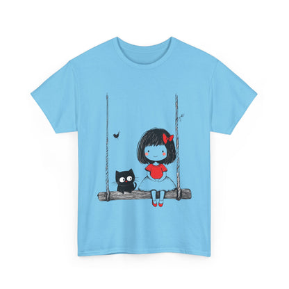 Cute Cat & Girl Graphic Tee, Playful Gift for Cat Lovers, Cat and Girl Design, Gift for Cat Owners, Women's Cotton T-Shirt