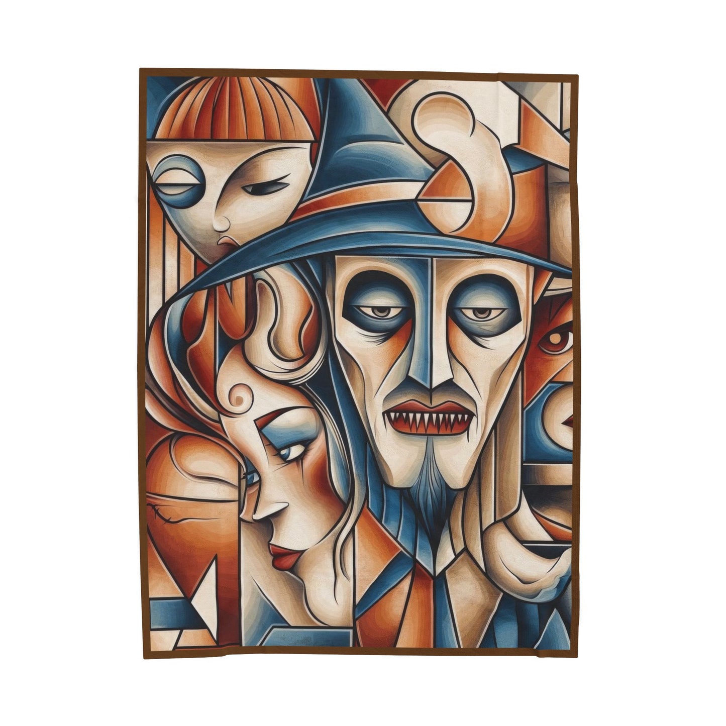 Abstract Gothic Faces Velveteen Plush Blanket, Cubist Witch and Vampire Art Throw Blanket, Modern Halloween Home Decor, Unique Artistic Gift