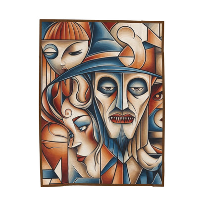 Abstract Gothic Faces Velveteen Plush Blanket, Cubist Witch and Vampire Art Throw Blanket, Modern Halloween Home Decor, Unique Artistic Gift