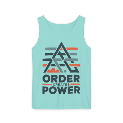 Mens Garment-Dyed Tank Top, Mens Tank Top Order Creates Power, Minimal Geometric Motivational Graphic Summer Shirt