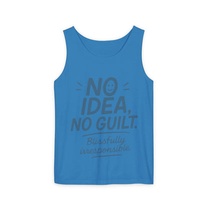 Mens Funny Tank Top, No Idea No Guilt Quote, Blissfully Irresponsible Gym Shirt, Casual Sleeveless Top, , Fun Party Shirt