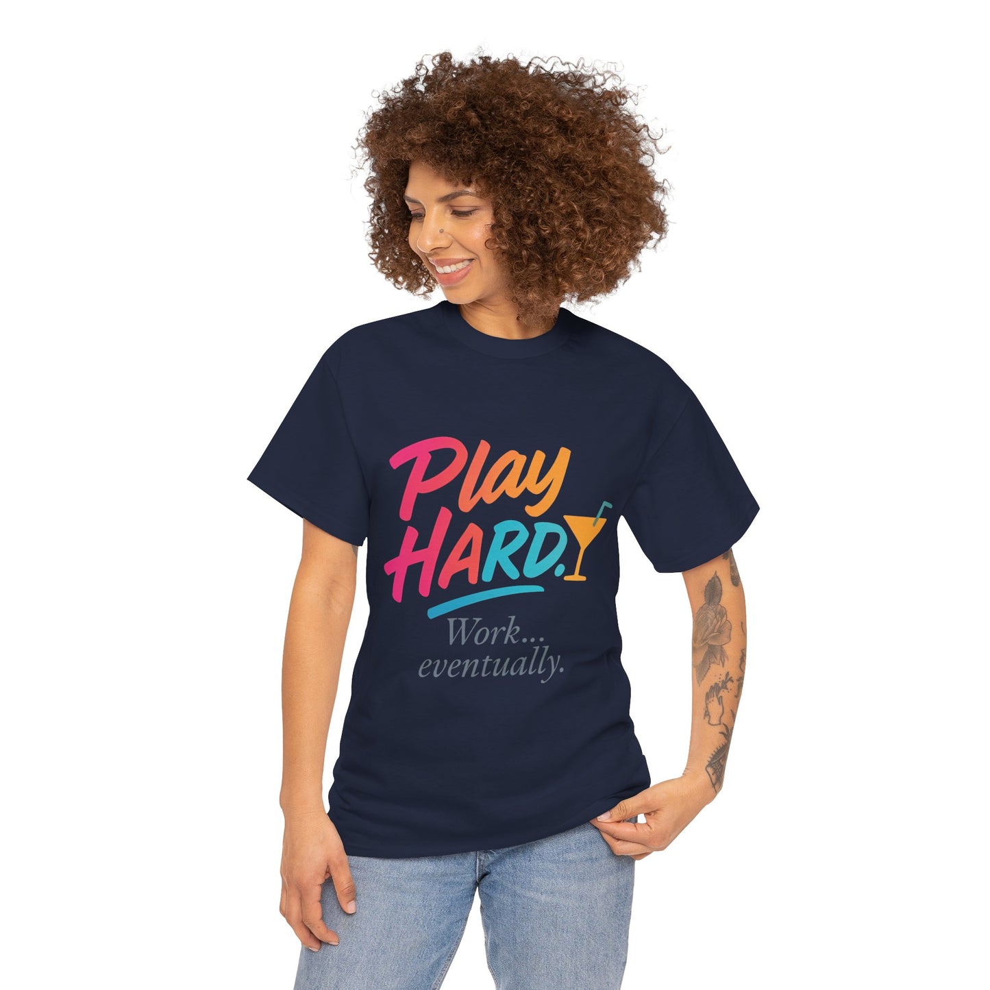 Play Hard Work Eventually T-Shirt, Funny Cocktail Graphic Tee, Pink Womens Party Shirt, Relaxed Vacation Top