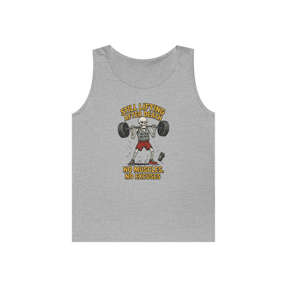Funny Skeleton Gym Tank Top, Still Lifting After Death, Funny Workout Tee for Men, Fitness Gift, Halloween Apparel, Unisex Cotton Tank Top