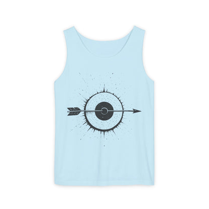 Mens Garment-Dyed Tank Top with Target Arrow Design, Casual Wear, Summer Essentials, Gym Wear, Gifts for Archery Lovers