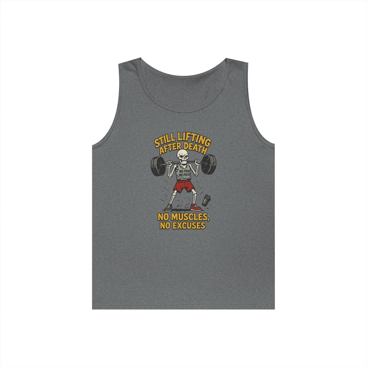 Funny Skeleton Gym Tank Top, Still Lifting After Death, Funny Workout Tee for Men, Fitness Gift, Halloween Apparel, Unisex Cotton Tank Top