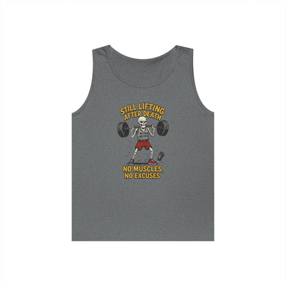 Funny Skeleton Gym Tank Top, Still Lifting After Death, Funny Workout Tee for Men, Fitness Gift, Halloween Apparel, Unisex Cotton Tank Top