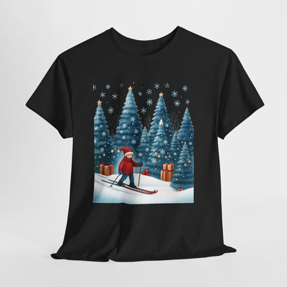 Womens Cute Winter Holiday Graphic Tee, Christmas Skiing T-Shirt, Women's Heavy Cotton Tee