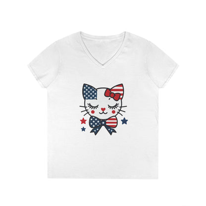 Patriotic Cat Ladies' V-Neck T-Shirt, Cute Tee, July 4th Top, Independence Day Shirt, Gift for Cat Lovers, Casual Summer Wear