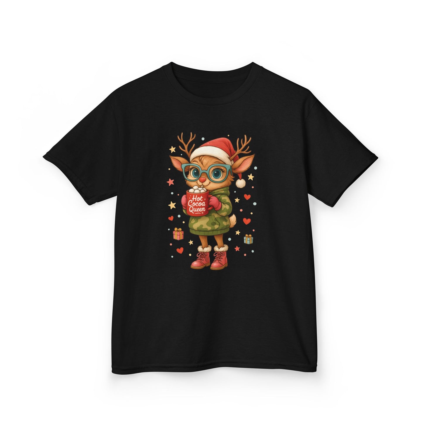 Hot Cocoa Queen Christmas T-Shirt for Girls, Cute Holiday Reindeer Tee
