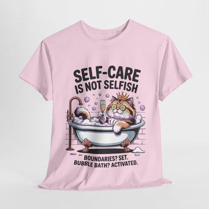 Womens Heavy Cotton Tee, Self-Care Cat Shirt, Funny Cat Bubble Bath Tee, Relaxing Kitty Graphic, Self Care Is Not Selfish Womens T-Shirt