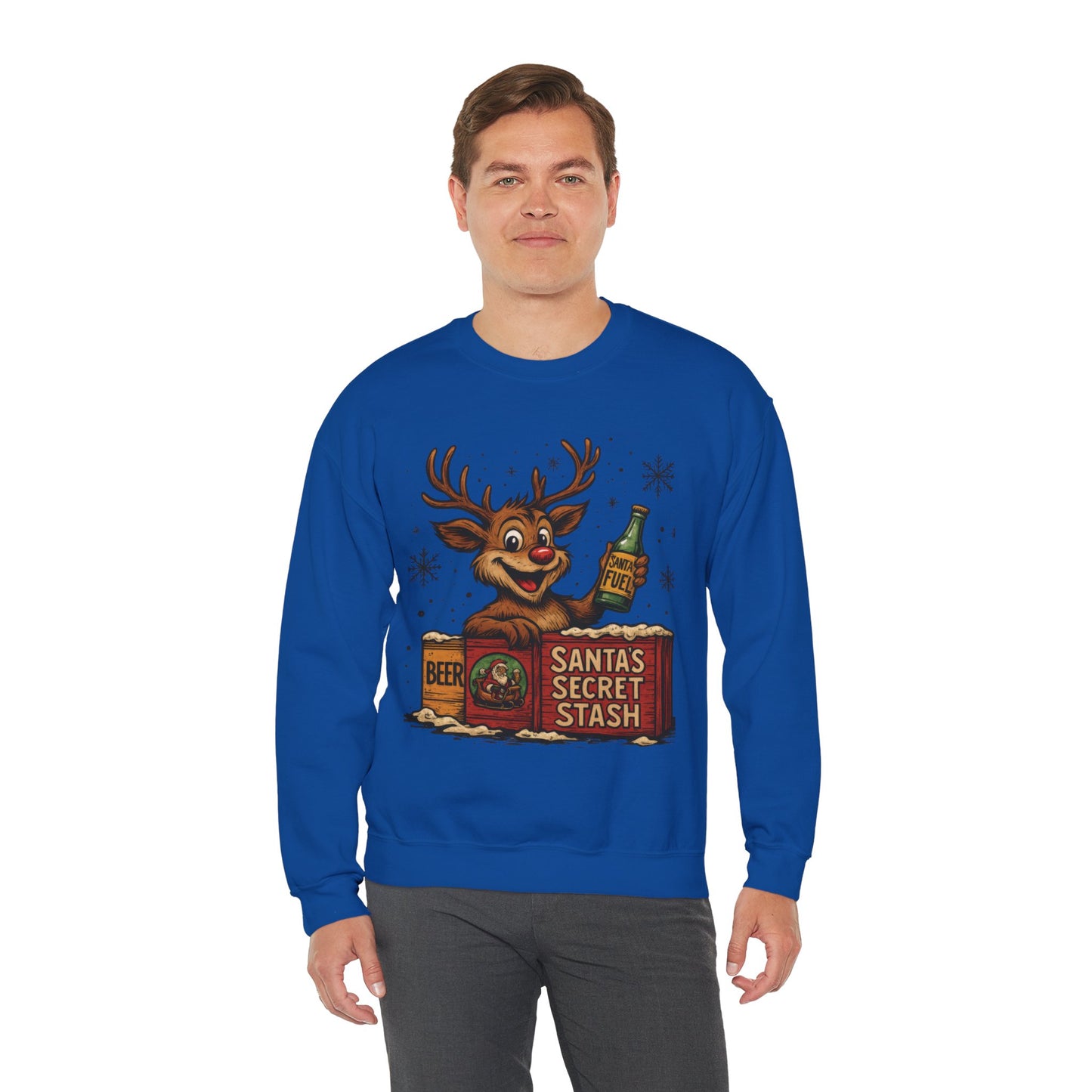 Mens Funny Christmas Sweatshirt, Santa's Secret Stash Reindeer Pullover, Men's Heavy Blend™ Crewneck Sweatshirt