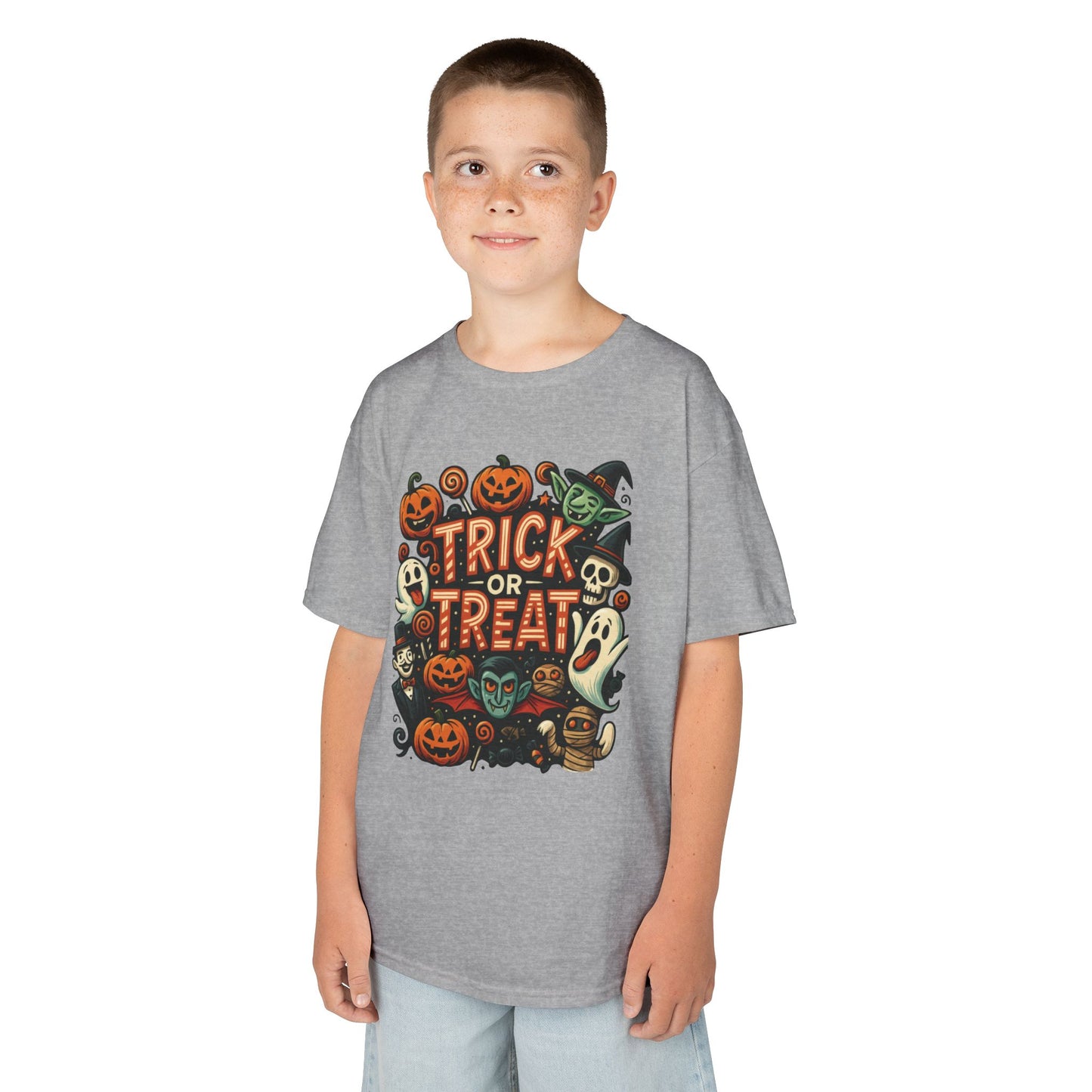 Kids Trick or Treat T-Shirt, Halloween Graphic Tee with Pumpkins, Ghosts & Vampires, Fun Spooky Shirt for Children