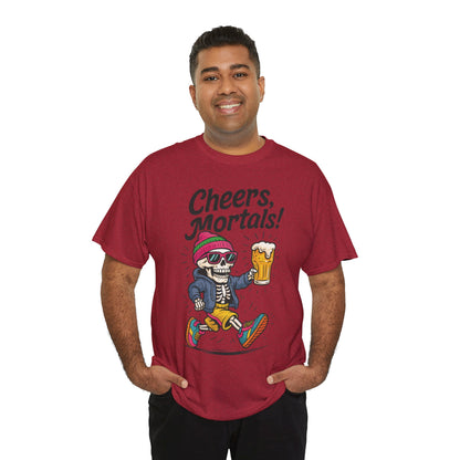 Cheers, Mortals! Mens Tee, Funny Skeleton Beer Graphic Tee, Cool Drinking Humor Shirt, Party Gift for Him, Halloween Tee,  Beer Lovers Gift