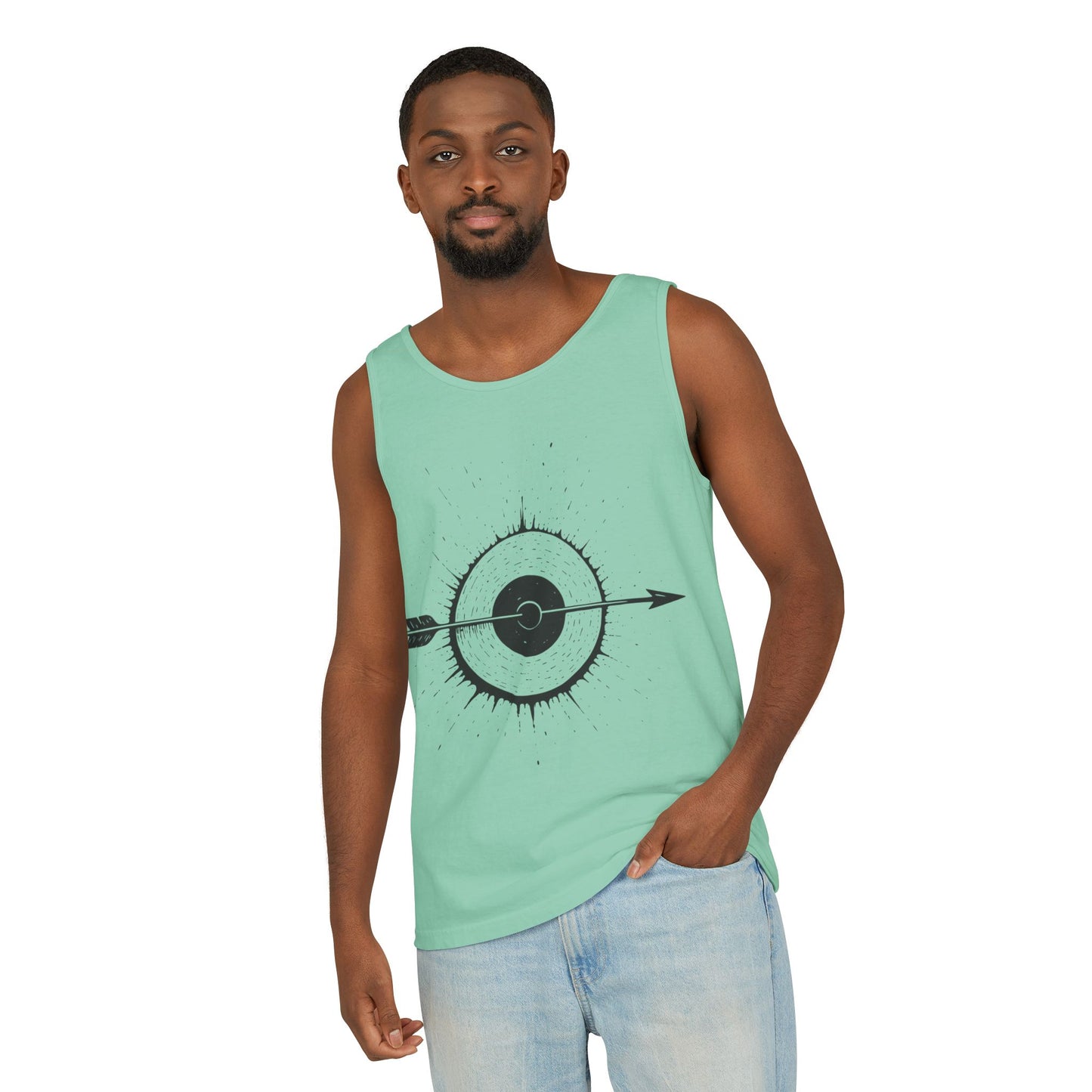 Mens Garment-Dyed Tank Top with Target Arrow Design, Casual Wear, Summer Essentials, Gym Wear, Gifts for Archery Lovers