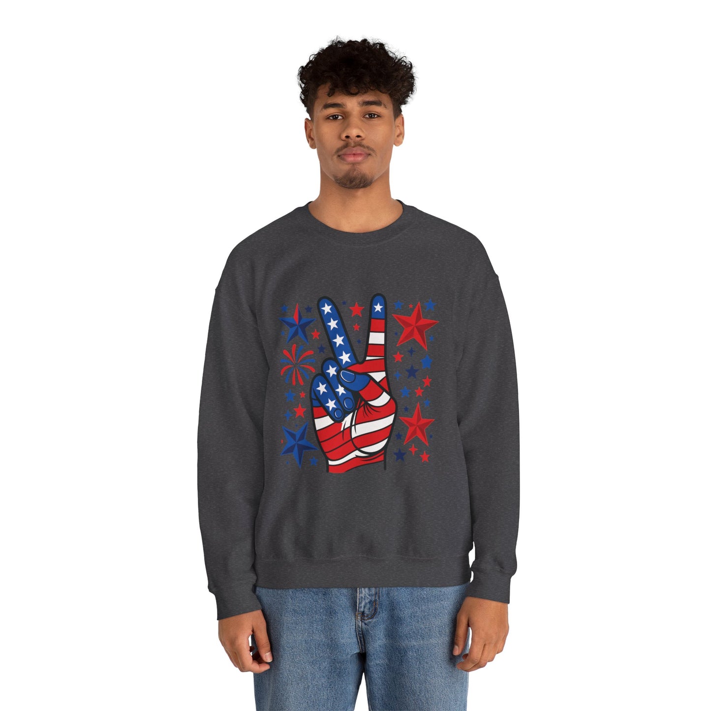 Patriotic Peace Crewneck Sweatshirt - Unisex Heavy Blend, 4th of July Clothing, Peace Sign Design, Casual Wear, Gift for Him/Her