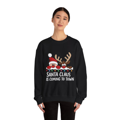 Santa Claus Is Coming to Town Women's Christmas Sweatshirt, Cute Santa - Reindeer Holiday Jumper