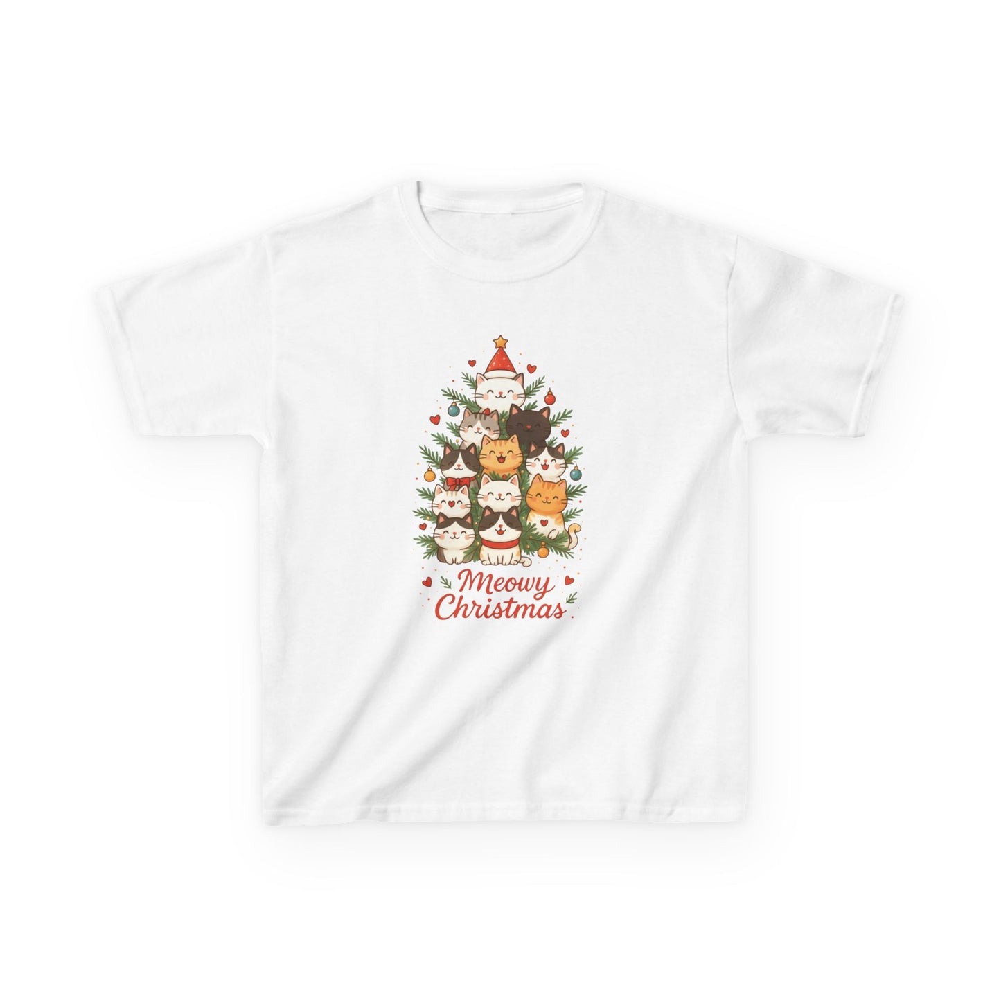 Youth Meowy Christmas Cat T-Shirt, Cute Kids Holiday Kitty Tee