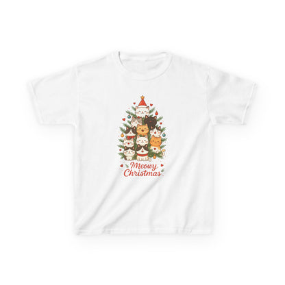 Youth Meowy Christmas Cat T-Shirt, Cute Kids Holiday Kitty Tee