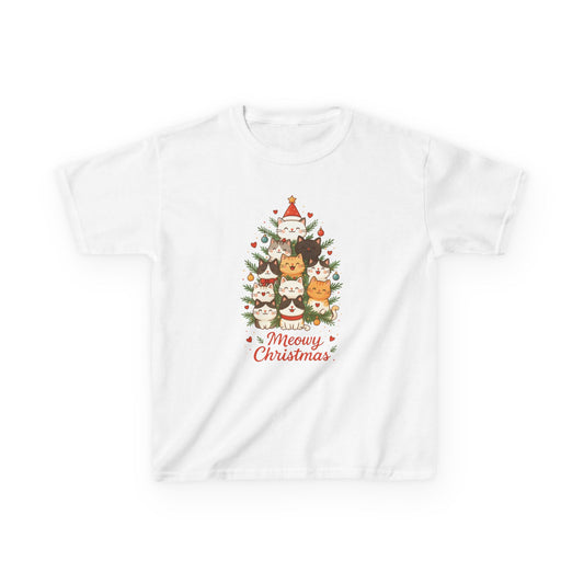 Youth Meowy Christmas Cat T-Shirt, Cute Kids Holiday Kitty Tee